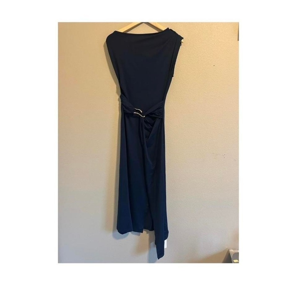 Commense navy Asymmetrical Neck Metal Waist-Belt Dress Small New
